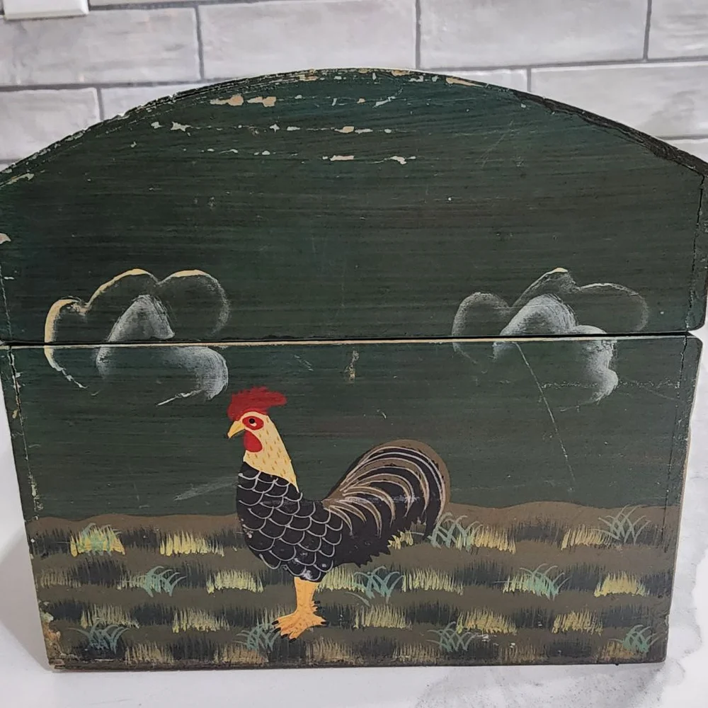Vintage Hand Painted Folk Art Wooden Box Rooster Farmhouse Primitive Decor